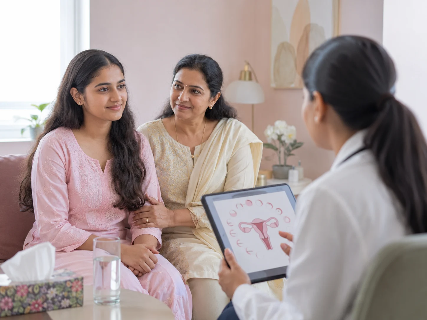 Young Indian woman with her mother during an adolescent gynecology consultation
