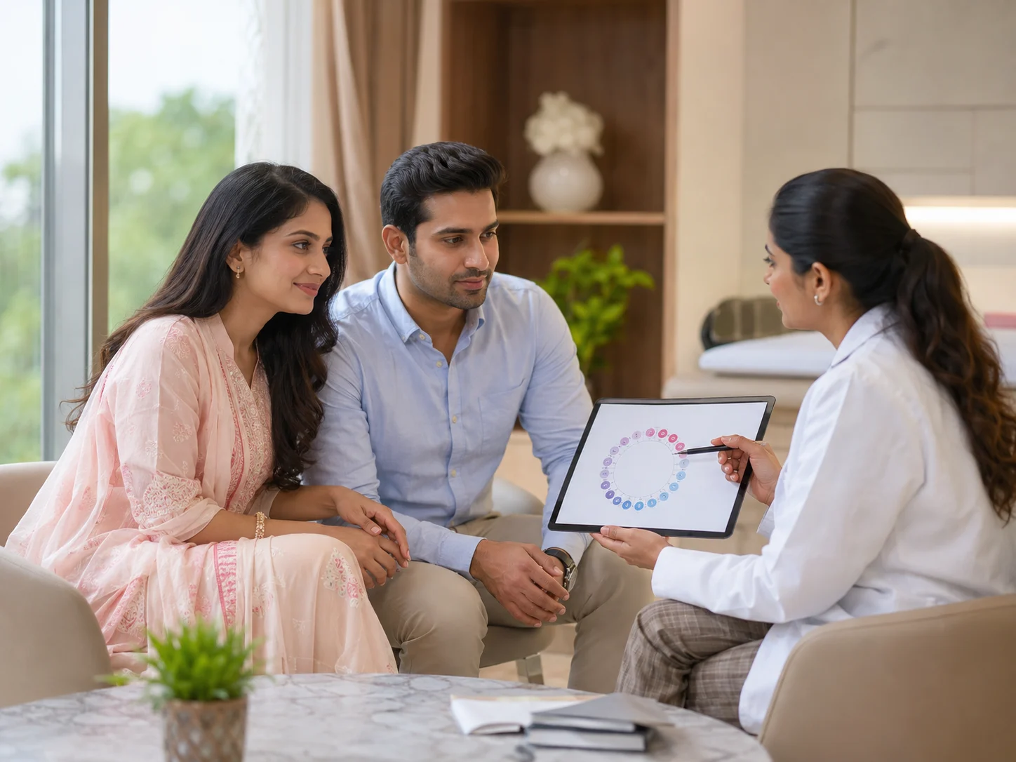 Indian couple during a fertility and IUI consultation at a women's clinic in Jaipur